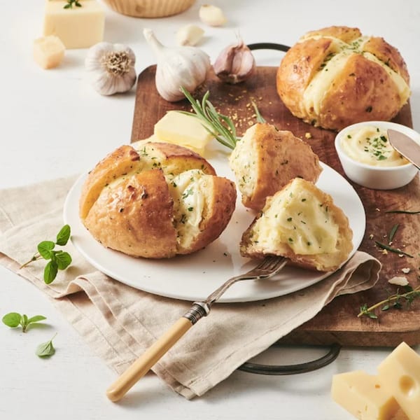 Goobne Korean Cream Cheese Garlic Bread, with one bun cut open revealing creamy filling, on a white plate.